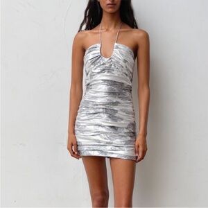 Zara metallic bodycon silver floral mini halter dress